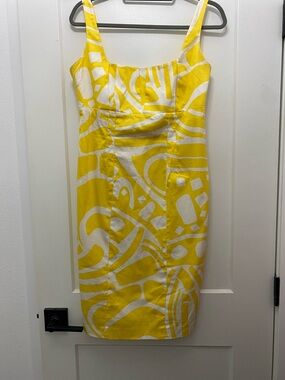 97% Cotton Calvin Klein Yellow and White Printed Midi Dress